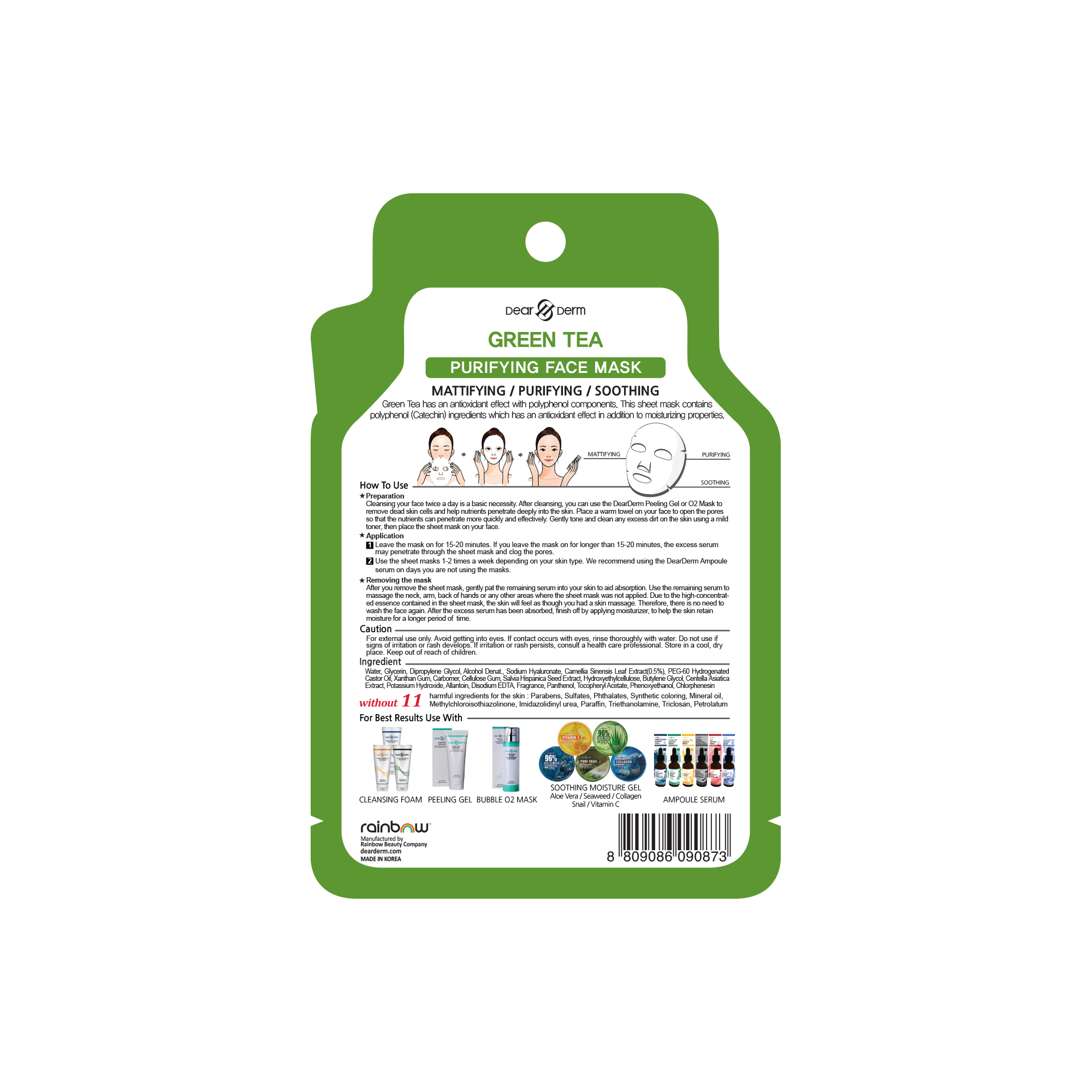 Dearderm Green Tea Purifying Face Mask Sheet 25ml / 0.85 fl.oz. Dearderm Green Tea Purifying Face Mask Sheet 25ml / 0.85 fl.oz.